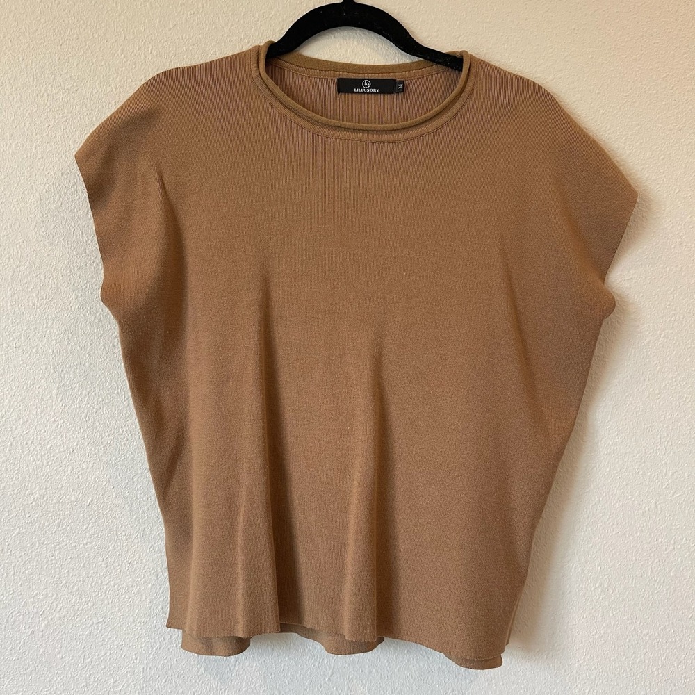 Lillusory Womens Cap Sleeve Ribbed Knit Sweater Top Camel Tan Medium - Picture 2 of 6
